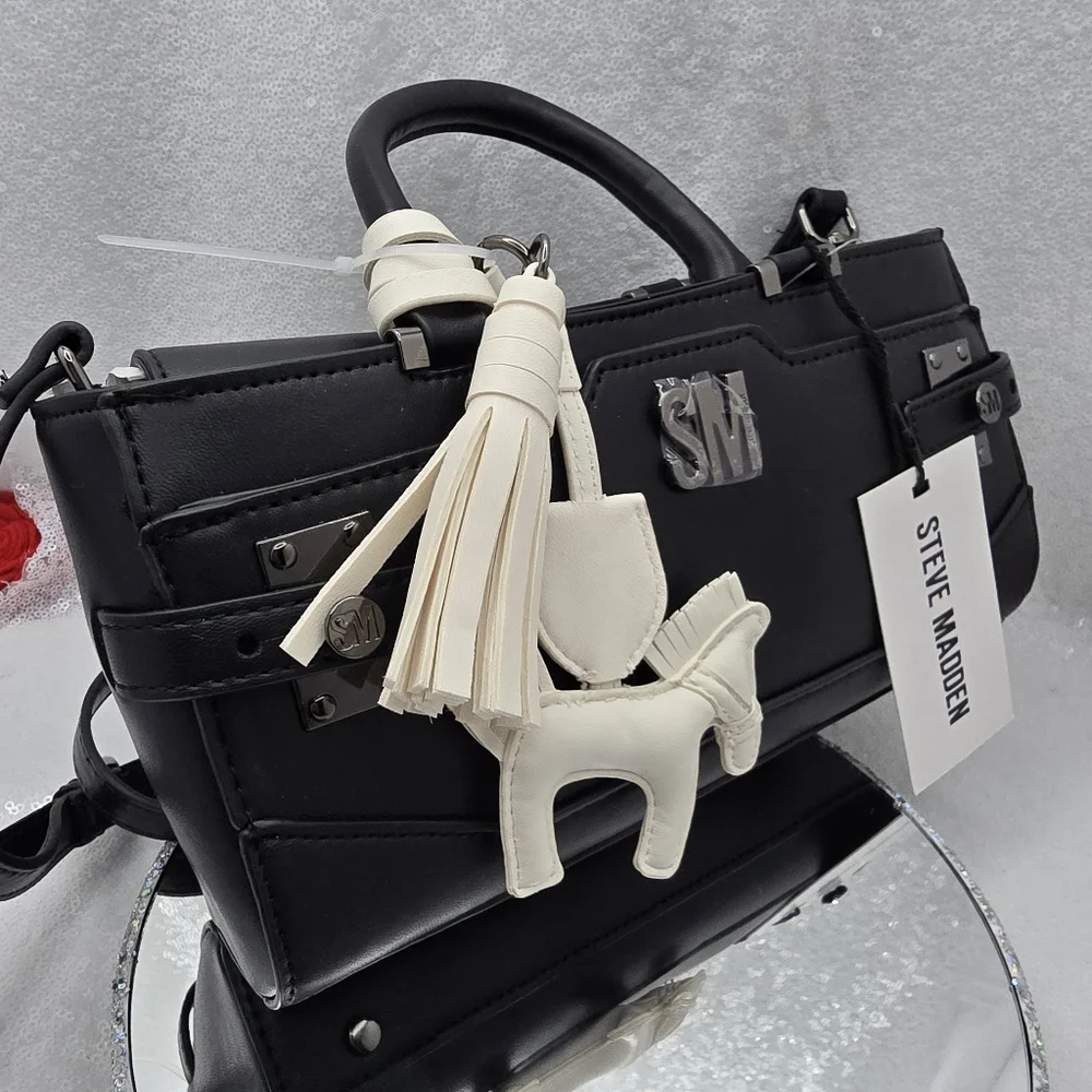 Steve Madden BMEAD Top Handle East West Crossbody Satchel Black Bag Horse Charm